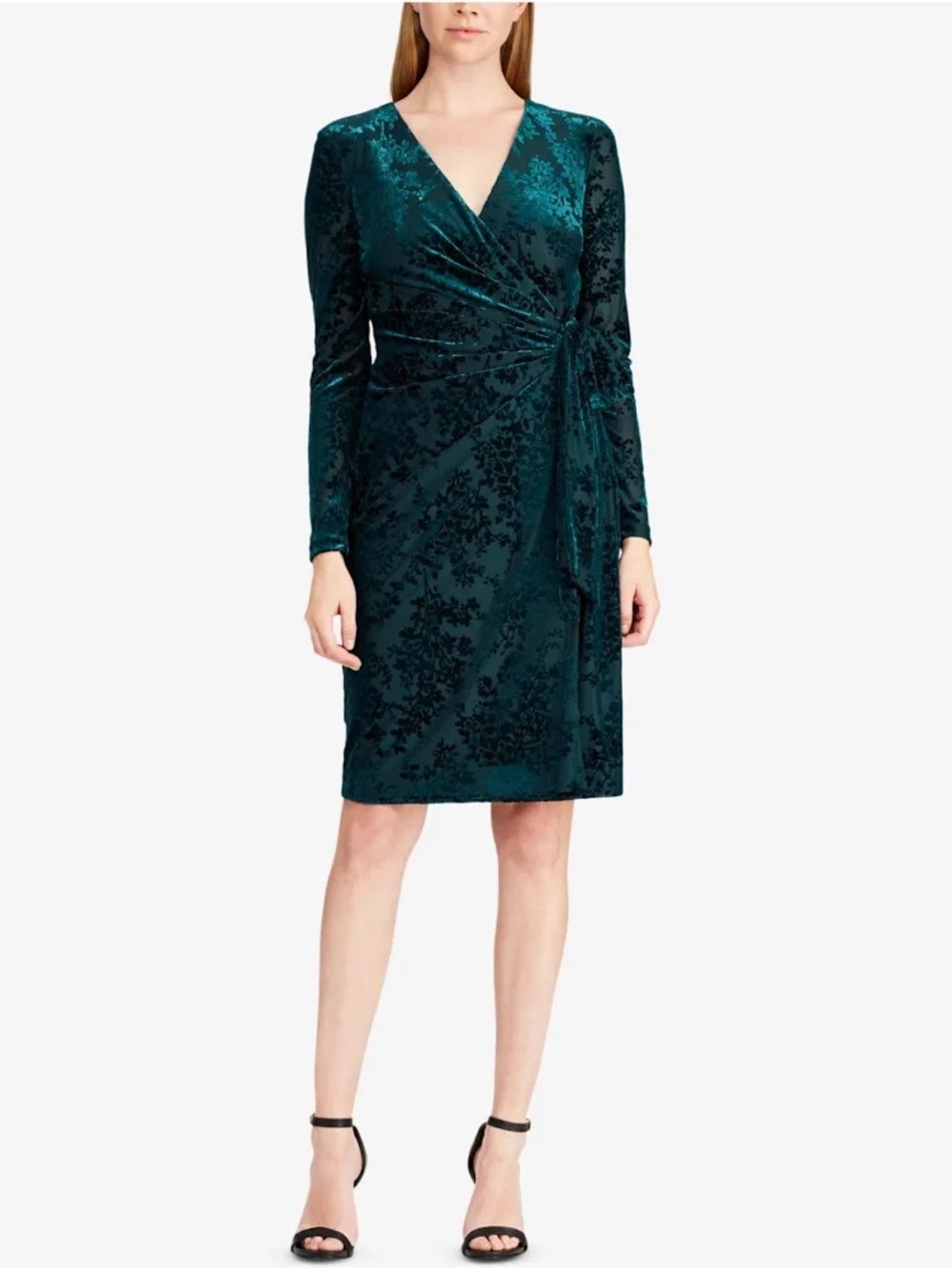 Ralph Lauren Green Floral Burnout Velvet Wrap Dress